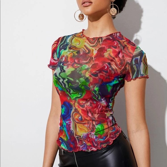 SHEIN Tops - NOWT lettuce trim sheer allover mesh print top